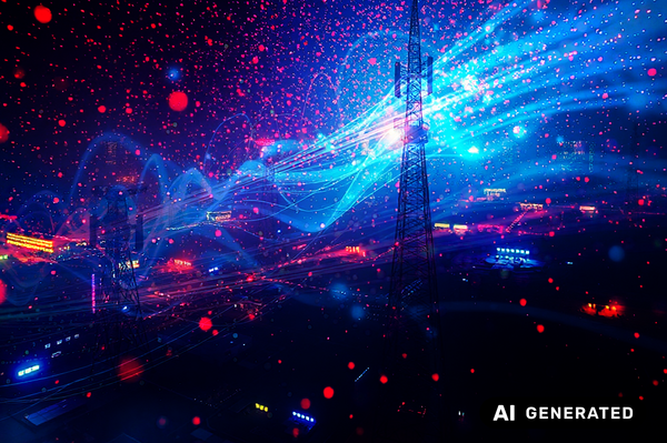 Ki-generiertes Bild, leuchtende Datensignale in der Luft, im Hintergrund ein Sendemast/eine Verlinkung des Bildes führt zur Forschungsprojektwebsite