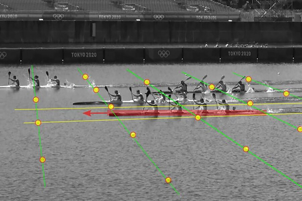 Foto von Kanuten auf dem Wasser, Messlinien grafisch eingezeichnet/Verlinkung führt zur Projektwebsite