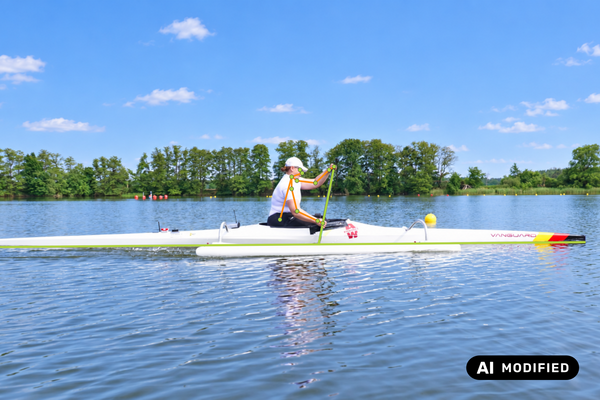 Foto eines Kanuten auf dem Wasser von der Seite, Bewegungsabläufe der Oberarme sind mit eingezeichneten Punkten und Linien markiert