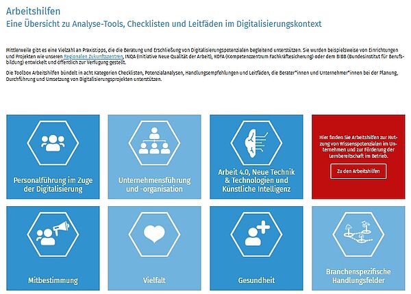 Screenshot mit Übersicht über Analyse-Tools, Checklisten und Leitfäden für KMU
