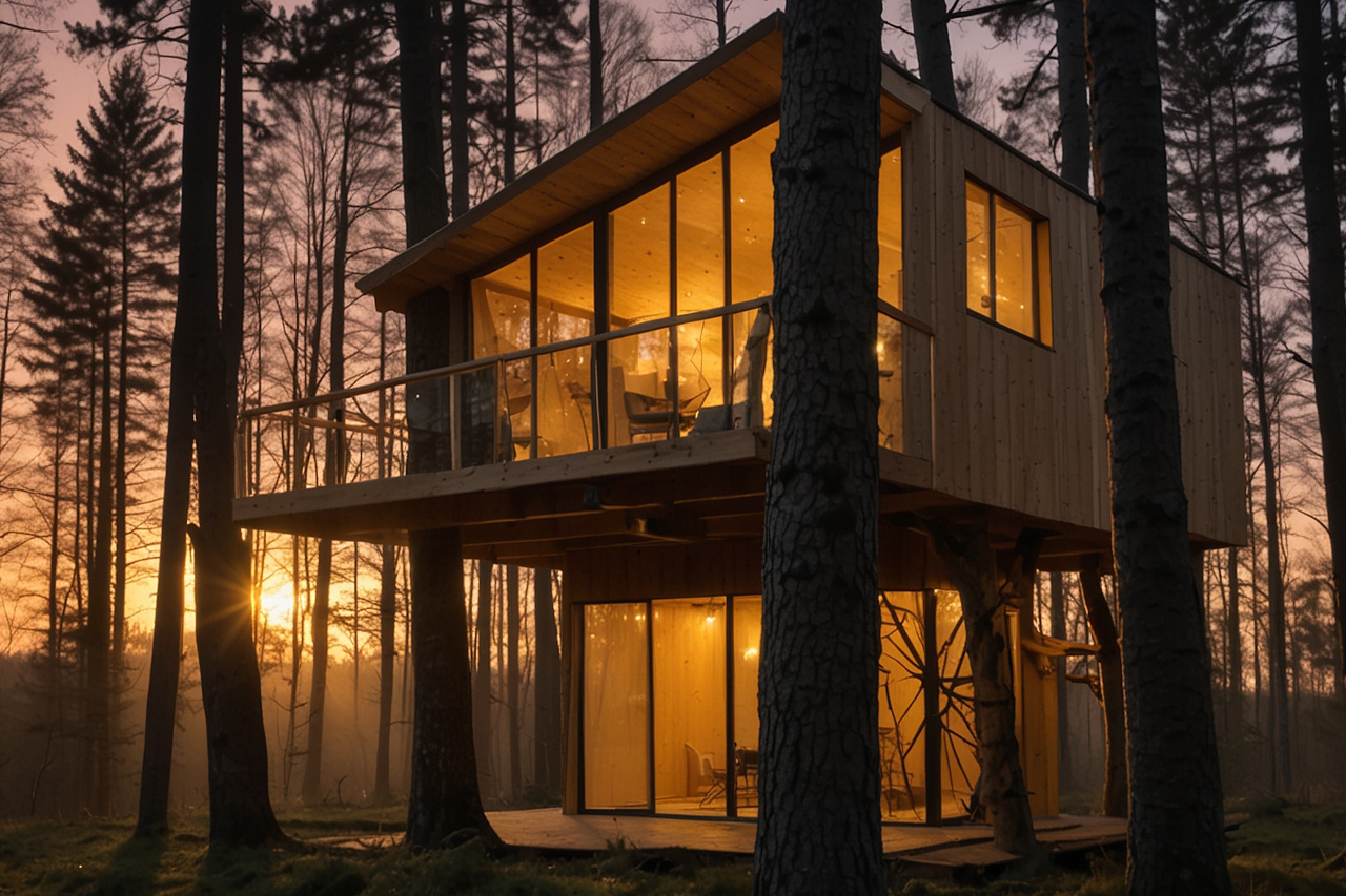 KI-generiertes Bild, Holzhause mit großen Fenstern in einem Wald, Sonnenuntergang färbt alles in ein Orange/eine Verlinkung des Bildes führt zur Forschungsprojektwebsite