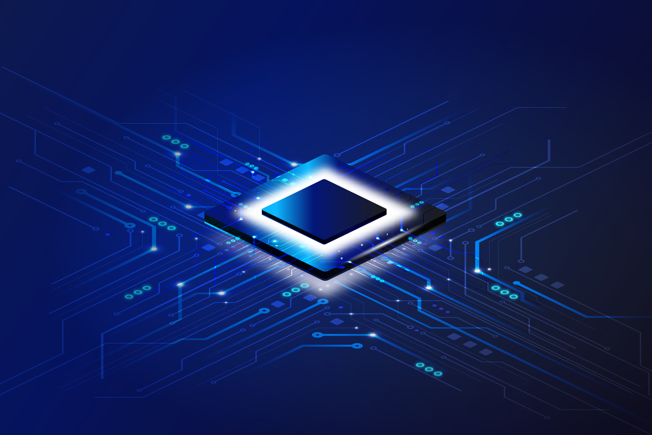 MicroChip auf blauem Untergrund zur Darstellung von Signalverarbeitung