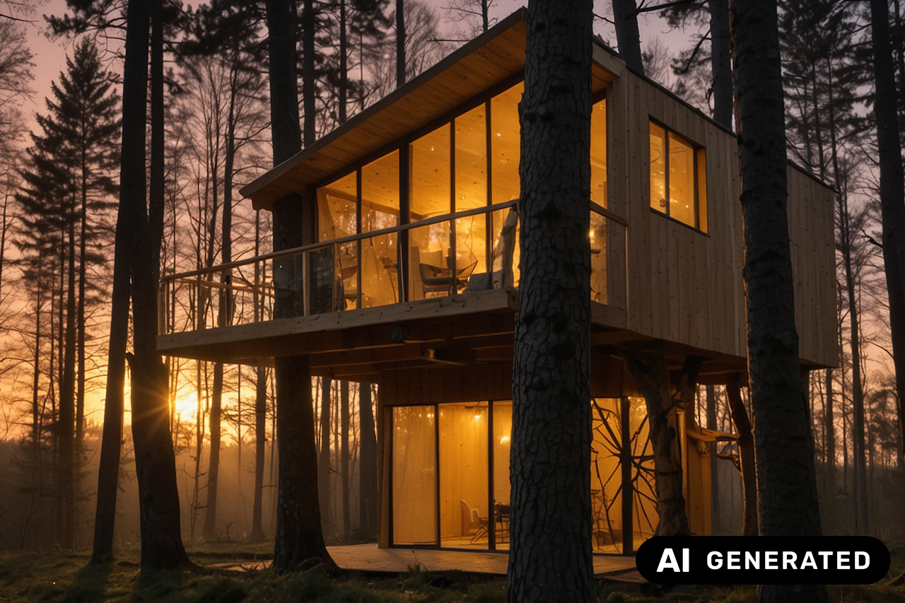 KI-generiertes Bild, Holzhause mit großen Fenstern in einem Wald, Sonnenuntergang färbt alles in ein Orange/eine Verlinkung des Bildes führt zur Forschungsprojektwebsite